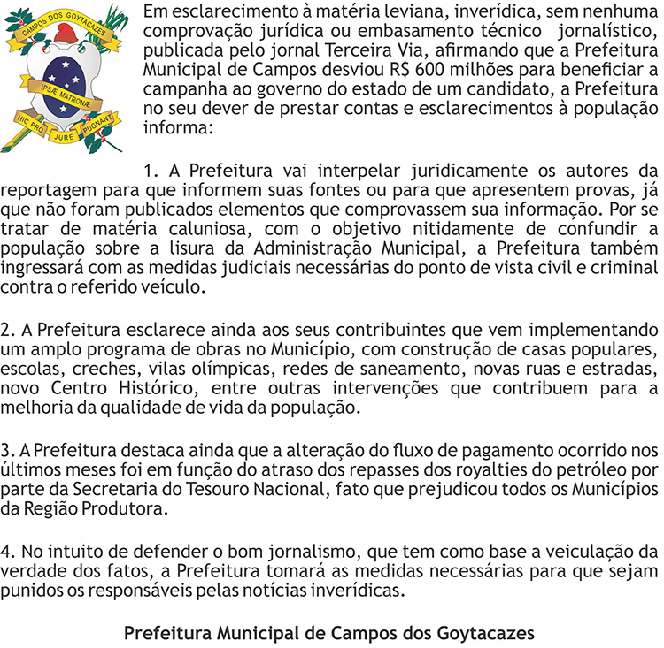 Prefeitura de Campos emite nota sobre matéria inverídica do jornal Terceira Via