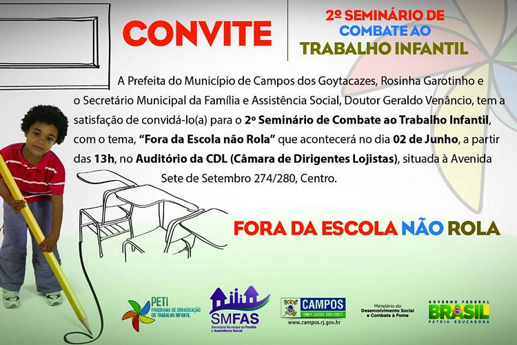 O 2º Seminário do Programa de Erradicação do Trabalho Infantil em Campos dos Goytacazes será realizado no auditório da Câmara de Dirigentes Lojistas, na próxima terça-feira, dia 2, a partir das 13h (Foto: Divulgação)